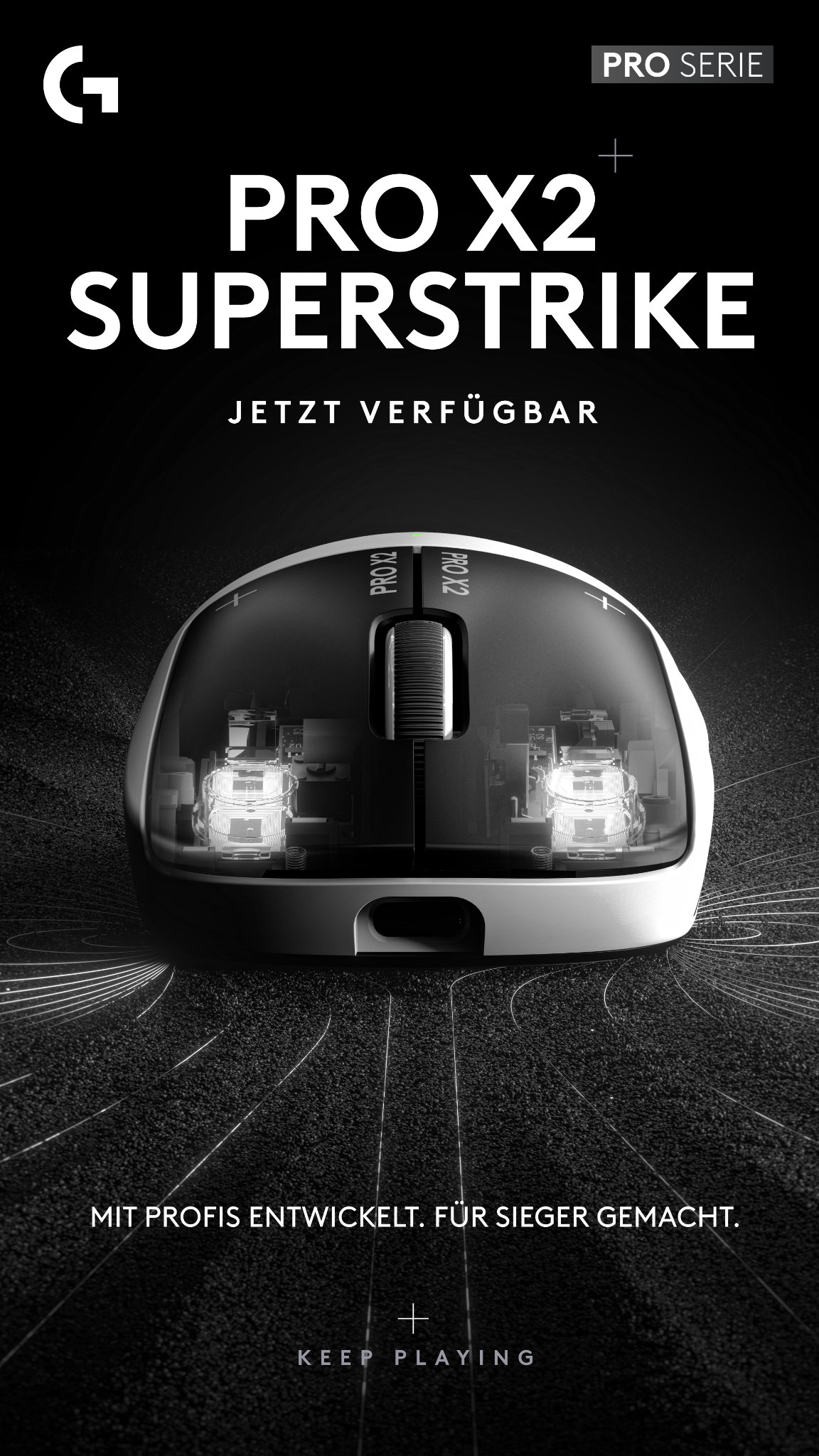 A high-contrast, dark-themed image showcases the Logitech G PRO X2 SUPERSTRIKE gaming mouse. The mouse is presented in a detailed, almost X-ray-like view, highlighting its internal components. White text overlays the image, with the main headline "PRO X2 SUPERSTRIKE" prominently displayed. Below the mouse, smaller text reads "MIT PROFIS ENTWICKELT. FÜR SIEGER GEMACHT." and "KEEP PLAYING."