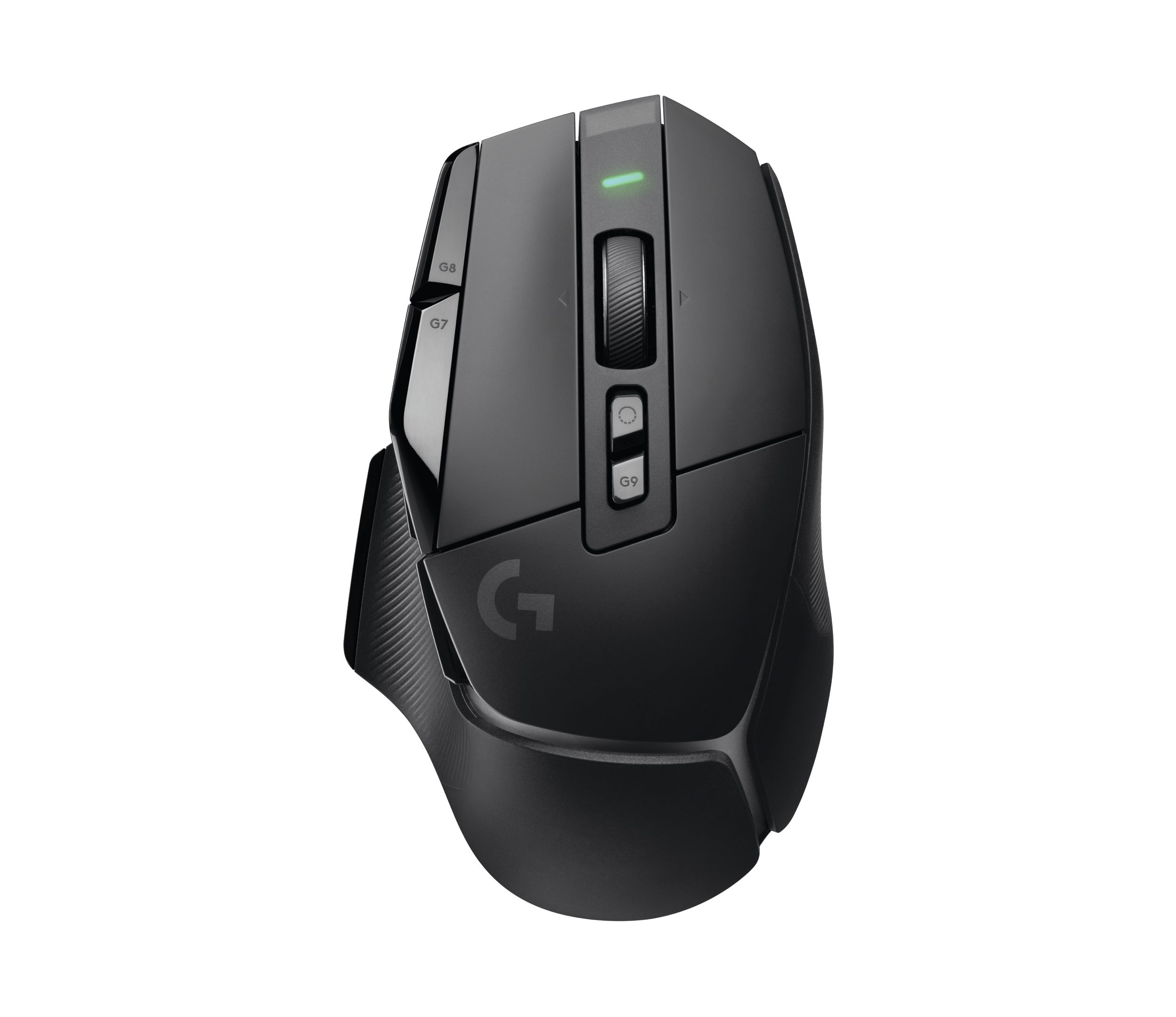 A high-angle, studio shot of a black Logitech G gaming mouse against a plain white background. The mouse is angled to show its top and right side, with visible buttons labeled G7, G8, and G9, a scroll wheel, and a green LED indicator light. The Logitech G logo is embossed on the mouse's body. The on-screen text, which is also the hook, reads: "Elevate your play to new heights with optimal speeds, precision, and iconic design."