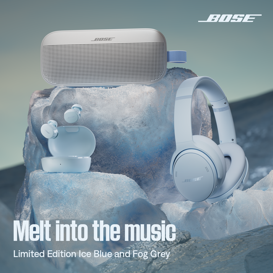 A Bose portable speaker, earbuds, and headphones are displayed on ice formations against a soft blue and grey gradient background. The products are in a limited edition Ice Blue and Fog Grey color. The text "Melt into the music" is overlaid in large white font at the bottom of the image, followed by the smaller text "Limited Edition Ice Blue and Fog Grey."