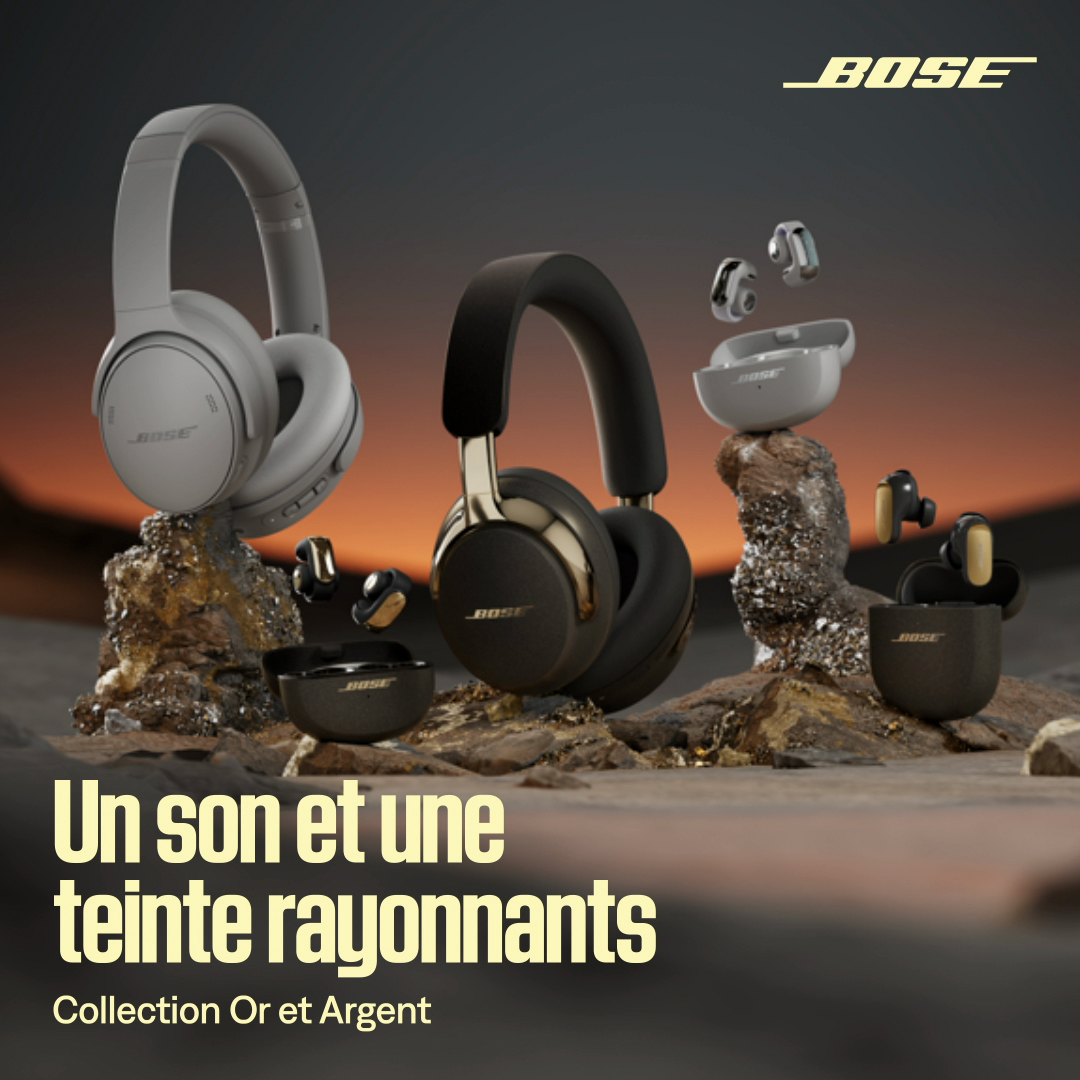 The image displays three pairs of Bose headphones and earbuds arranged on textured rocks against a dusky, atmospheric background. The text overlay reads "Un son et une teinte rayonnants" (A radiant sound and hue) and "Collection Or et Argent" (Gold and Silver Collection). The Bose logo is visible in the top right corner. The overall aesthetic is premium and sophisticated, highlighting the product's design and audio quality.